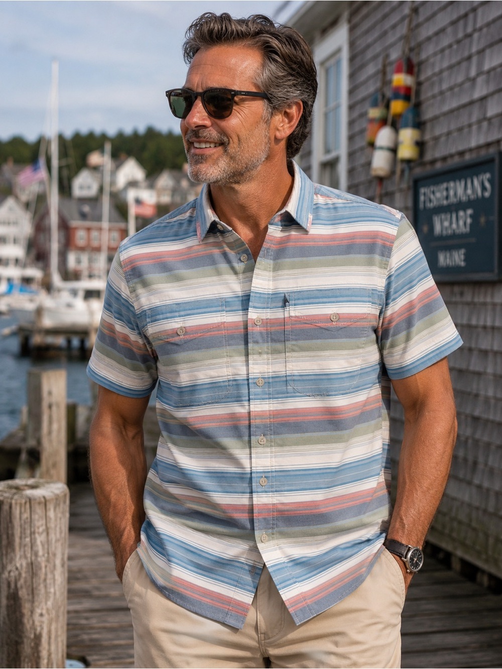 L.L.Bean Tropicwear Striped Fishing Hiking Shirt UPF Medium Short Sleeve